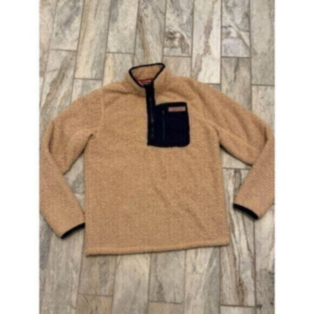 Vineyard Vines kids youth large 16 tan/navy Hi-Pile Sherpa 1/4 zip pullover